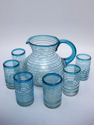MEXICAN GLASSWARE / 'Aqua Blue Spiral' pitcher and 6 drinking glasses set